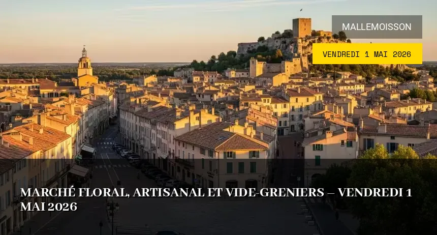 Affiche de l'événement : Marché floral, artisanal et vide-greniers – Vendredi 1 Mai 2026