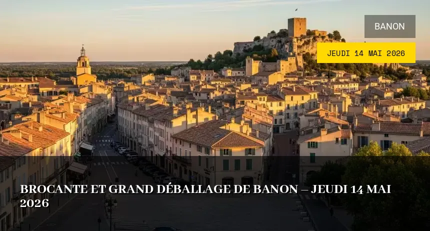 Affiche de l'événement : Brocante et grand déballage de Banon – Jeudi 14 Mai 2026