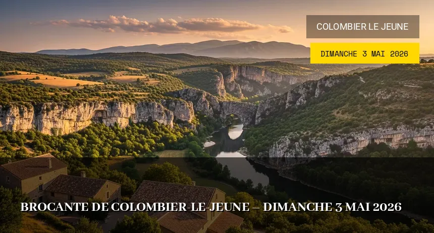 Affiche de l'événement : Brocante de Colombier-le-Jeune – Dimanche 3 Mai 2026