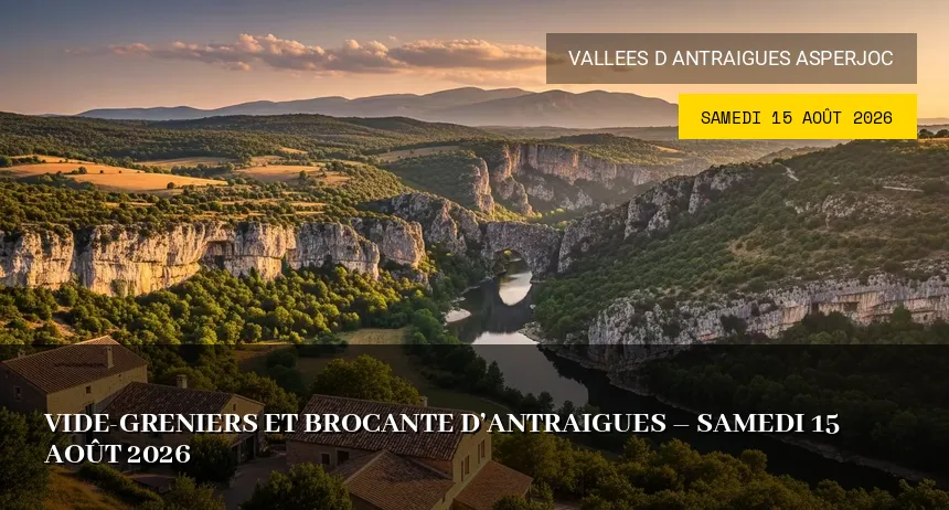 Affiche de l'événement : Vide-greniers et Brocante d&rsquo;Antraigues – Samedi 15 Août 2026