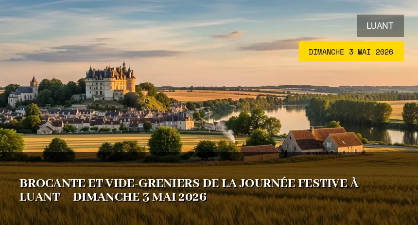 Affiche de l'événement : Brocante et Vide-greniers de la Journée Festive à Luant – Dimanche 3 Mai 2026