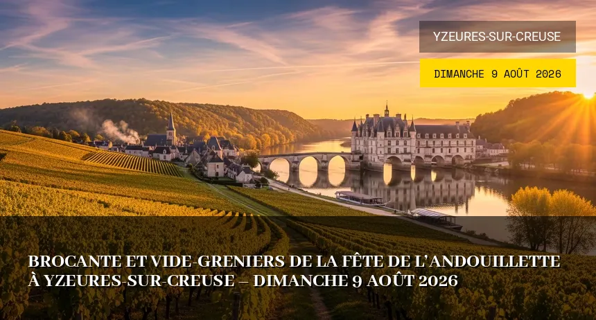 Affiche de l'événement : Brocante et Vide-greniers de la Fête de l&rsquo;Andouillette à Yzeures-sur-Creuse – Dimanche 9 Août 2026