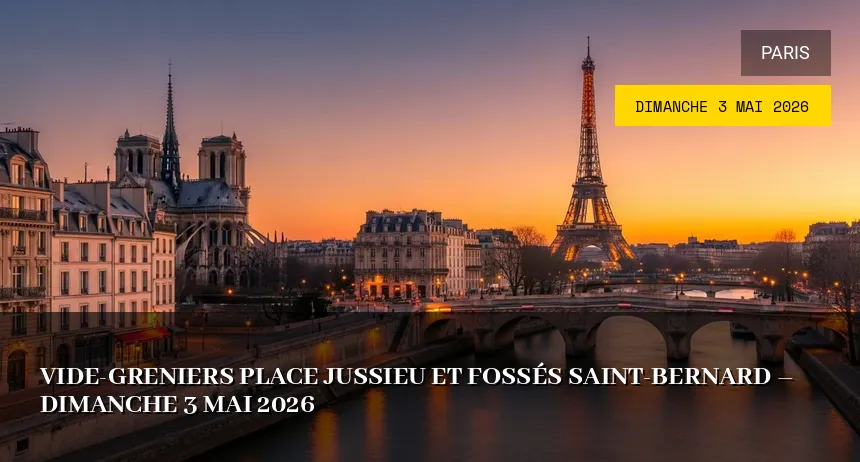 Affiche de l'événement : Vide-greniers Place Jussieu et Fossés Saint-Bernard – Dimanche 3 Mai 2026