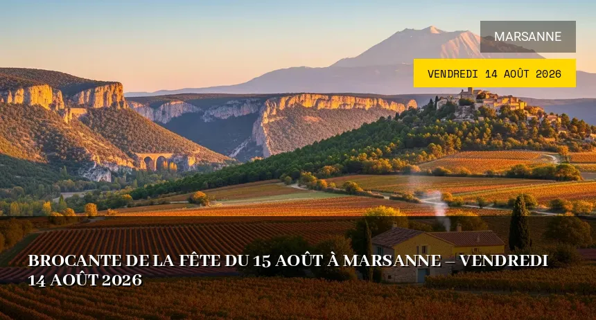 Affiche de l'événement : Brocante et Vide-greniers de la Fête d&rsquo;Août à Marsanne – Vendredi 14 Août 2026