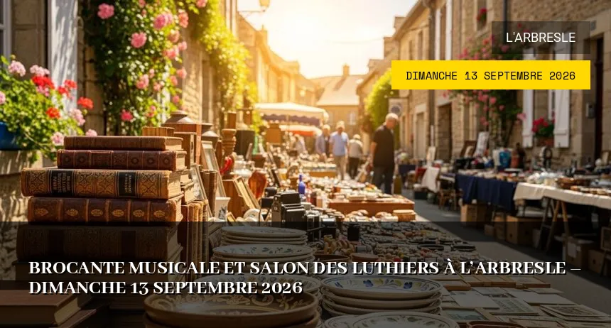 Affiche de l'événement : Brocante Musicale et Salon des Luthiers à L&rsquo;Arbresle – Dimanche 13 Septembre 2026