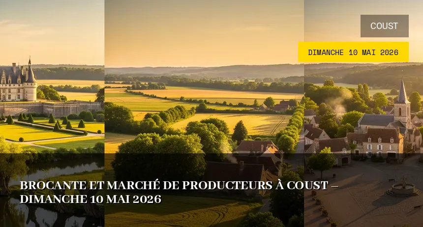 Affiche de l'événement : Brocante et Marché de Producteurs à Coust – Dimanche 10 Mai 2026