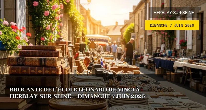Affiche de l'événement : Brocante de l&rsquo;École Léonard de Vinci à Herblay-sur-Seine – Dimanche 7 Juin 2026