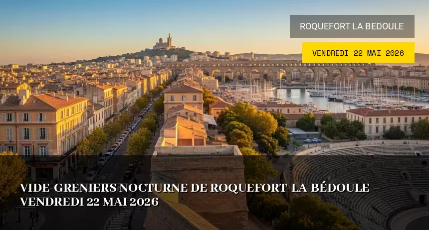 Affiche de l'événement : Vide-greniers nocturne de Roquefort-la-Bédoule – Vendredi 22 Mai 2026