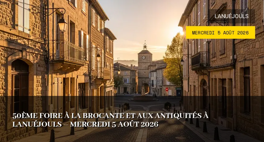 Affiche de l'événement : 50ème Foire à la Brocante et aux Antiquités à Lanuéjouls – Mercredi 5 Août 2026
