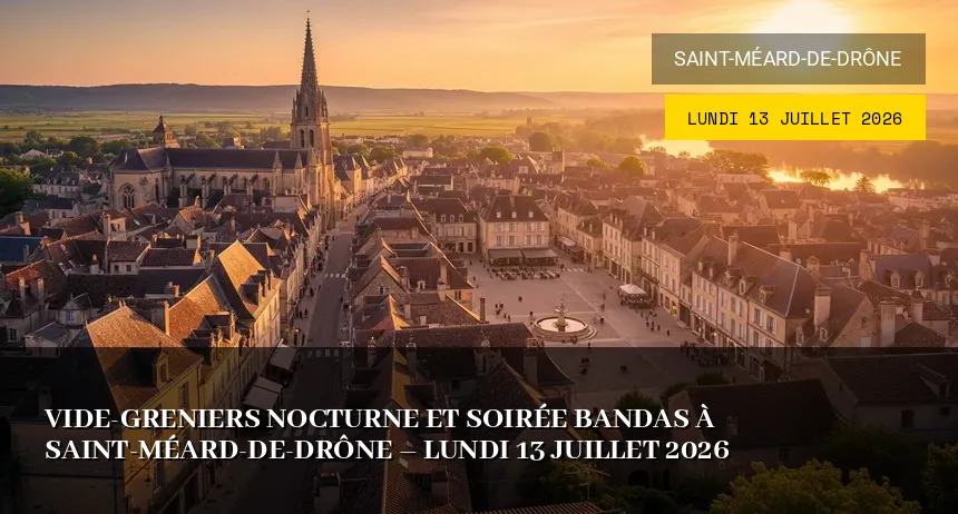 Affiche de l'événement : Vide-greniers et Soirée Bandas à Saint-Méard-de-Drône – Lundi 13 Juillet 2026