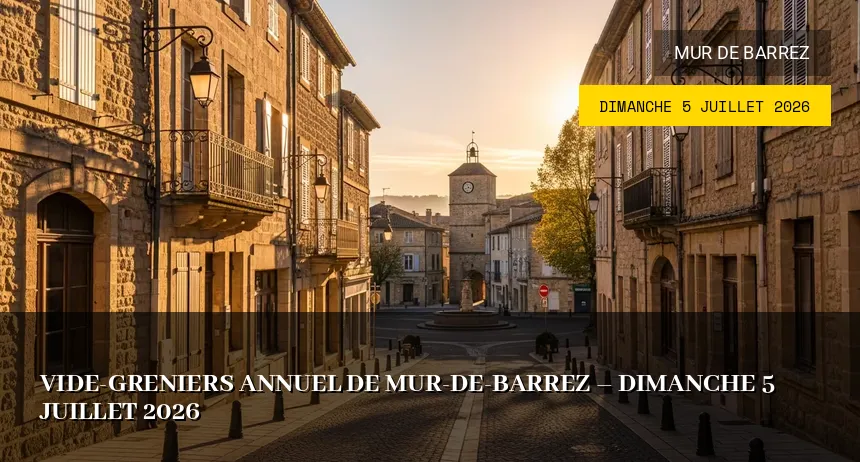 Affiche de l'événement : Vide-greniers annuel de Mur-de-Barrez – Dimanche 5 Juillet 2026