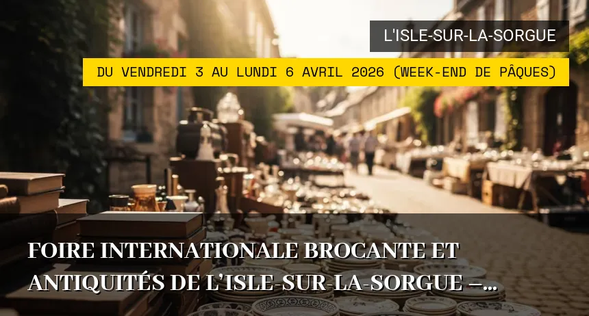 Affiche de l'événement : Foire Internationale Brocante et Antiquités de l&rsquo;Isle-sur-la-Sorgue – Pâques 2026