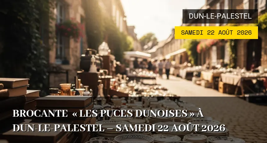 Affiche de l'événement : Brocante  « Les Puces Dunoises » à Dun-le-Palestel – Samedi 22 Août 2026