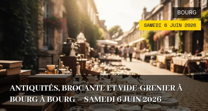 Affiche de l'événement : Antiquités, Brocante et Vide-grenier à Bourg à Bourg – Samedi 6 Juin 2026