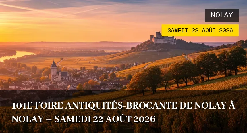 Affiche de l'événement : 101e FOIRE ANTIQUITÉS-BROCANTE DE NOLAY à Nolay – Samedi 22 Août 2026