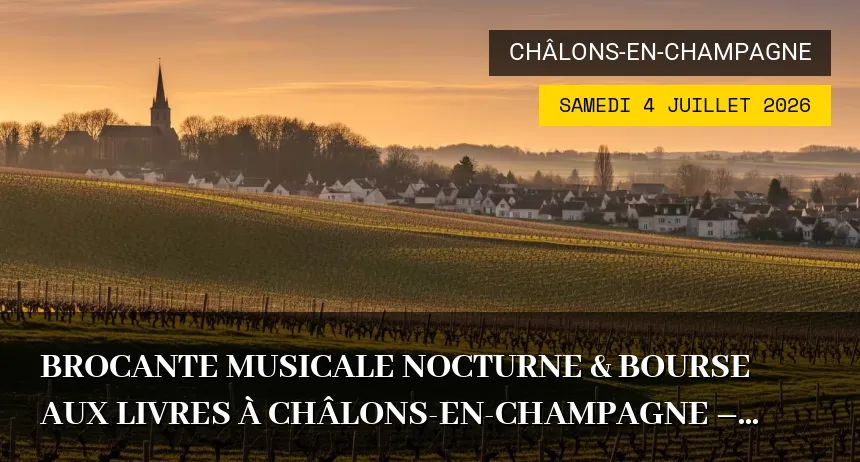 Affiche de l'événement : Brocante Musicale Nocturne & Bourse aux Livres à Châlons-en-Champagne – Samedi 4 Juillet 2026