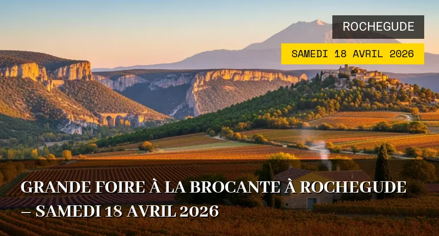 Affiche de l'événement : Grande foire à la brocante à Rochegude – Samedi 18 Avril 2026