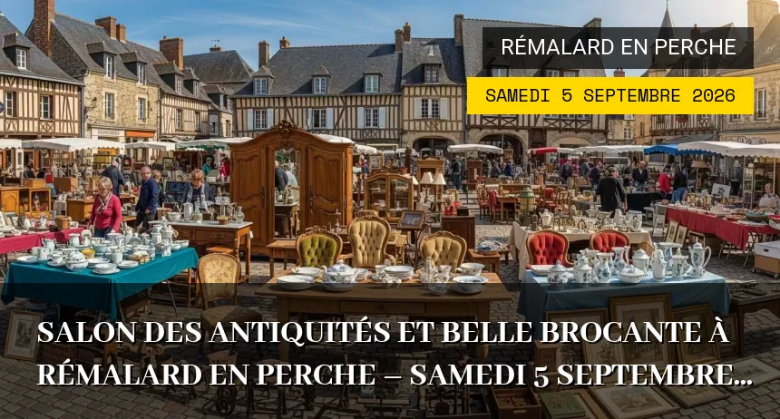 Affiche de l'événement : Salon des Antiquités et Belle Brocante à Rémalard en Perche – Samedi 5 Septembre 2026