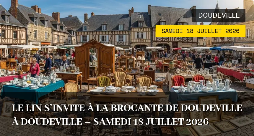 Affiche de l'événement : Le lin s&rsquo;invite à la Brocante de Doudeville à Doudeville – Samedi 18 Juillet 2026