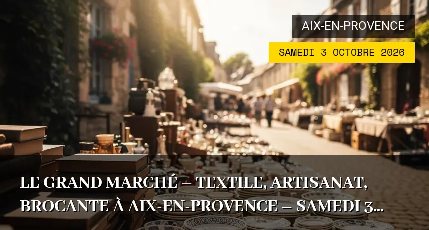 Affiche de l'événement : Le grand marché – Textile, artisanat, brocante à Aix-en-Provence – Samedi 3 Octobre 2026