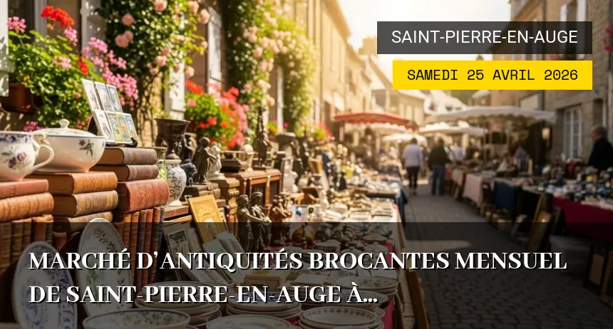 Affiche de l'événement : Marché d&rsquo;antiquités brocantes mensuel de Saint-Pierre-en-Auge à Saint-Pierre-en-Auge – Samedi 25 Avril 2026