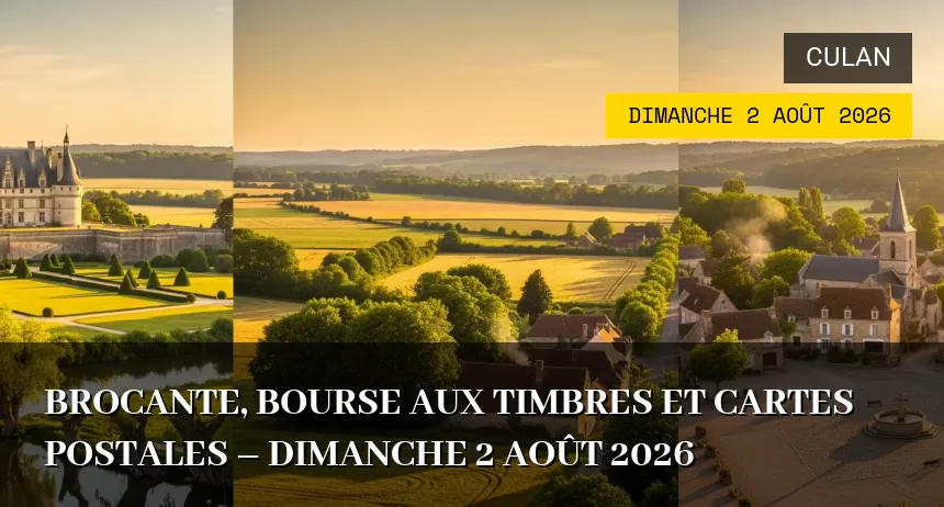 Affiche de l'événement : Brocante, bourse aux timbres et cartes postales – Dimanche 2 Août 2026