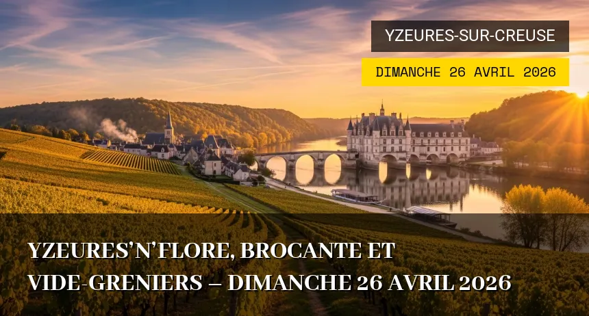 Affiche de l'événement : Yzeures&rsquo;n&rsquo;Flore, brocante et vIde-greniers – Dimanche 26 Avril 2026