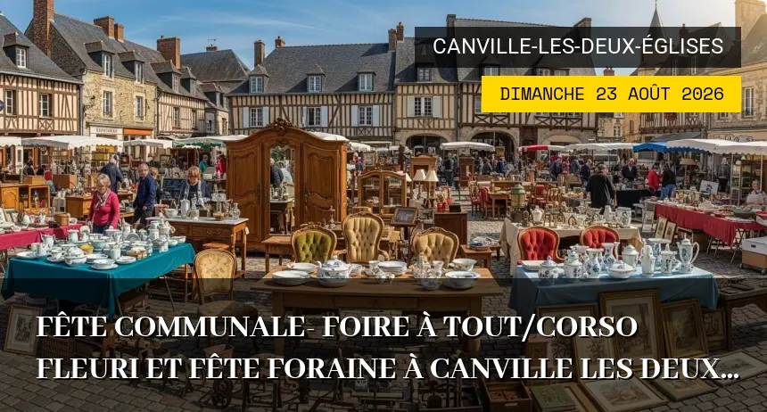 Affiche de l'événement : Fête communale- Foire à tout/corso fleuri et fête foraine à Canville les deux églises – Dimanche 23 Août 2026