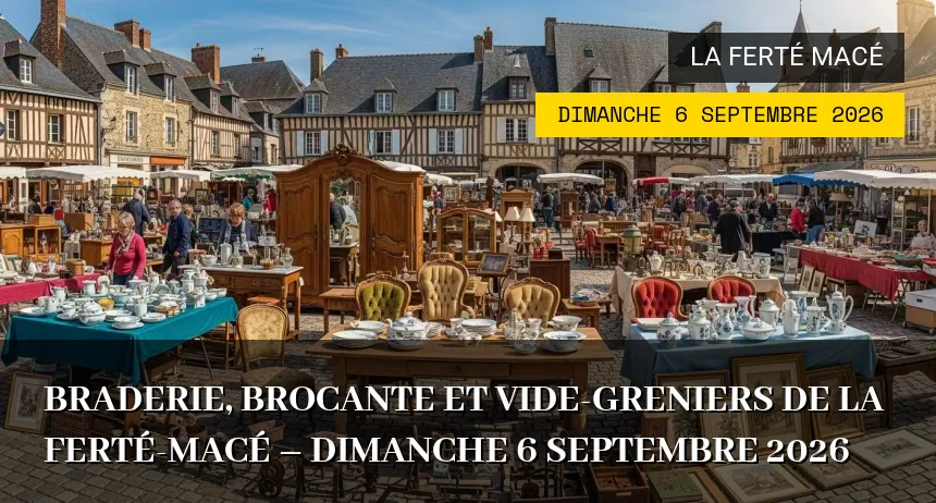 Affiche de l'événement : Braderie, brocante et vide-greniers de La Ferté-Macé – Dimanche 6 Septembre 2026
