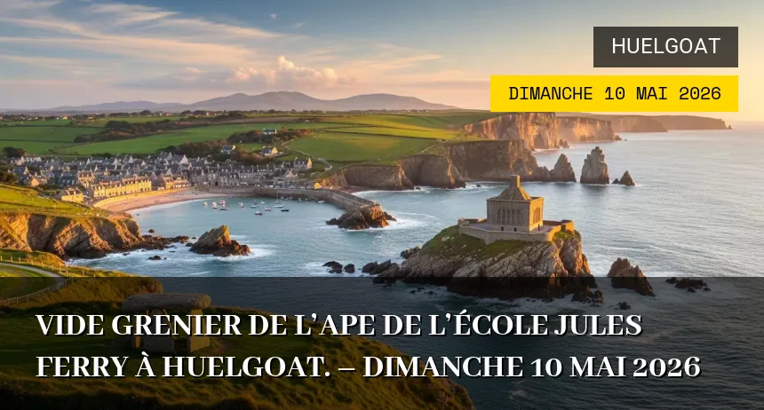 Affiche de l'événement : Vide grenier de l&rsquo;APE de l&rsquo;école Jules Ferry à Huelgoat. – Dimanche 10 Mai 2026