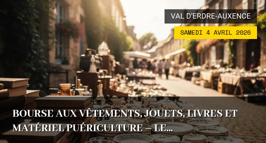 Affiche de l'événement : Bourse aux vêtements, jouets, livres et matériel puériculture – Le Louroux-Béconnais – Samedi 4 Avril 2026