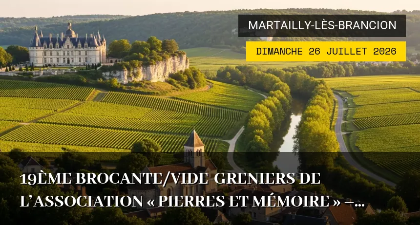 Affiche de l'événement : 19ème brocante/vide-greniers de l&rsquo;association « Pierres et Mémoire » – Dimanche 26 Juillet 2026
