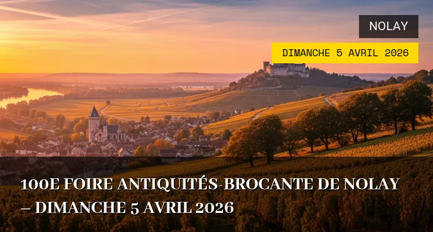 Affiche de l'événement : 100e FOIRE ANTIQUITÉS-BROCANTE DE NOLAY – Dimanche 5 Avril 2026