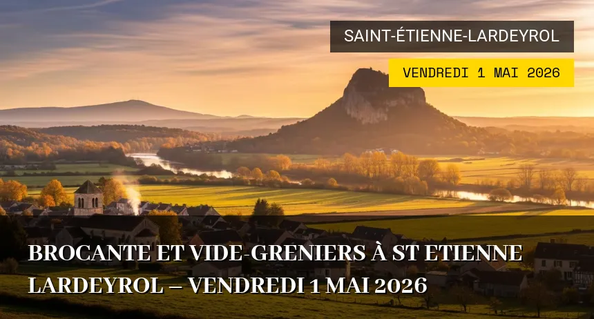 Affiche de l'événement : Brocante et vide-greniers à St Etienne Lardeyrol – Vendredi 1 Mai 2026