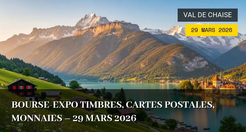 Affiche de l'événement : Bourse-expo timbres, cartes postales, monnaies – 29 Mars 2026