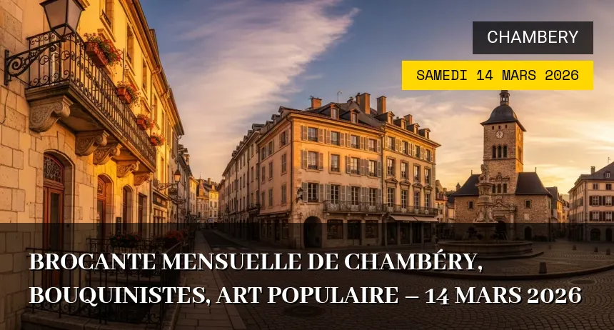 Affiche de l'événement : Brocante mensuelle de Chambéry, bouquinistes, art populaire – 14 Mars 2026