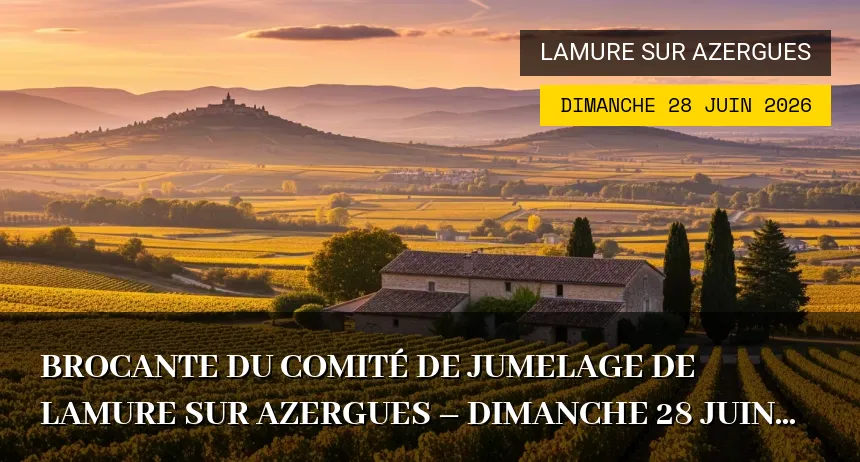 Affiche de l'événement : Brocante du comité de jumelage de Lamure sur Azergues – Dimanche 28 Juin 2026