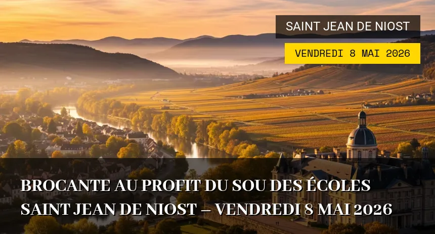 Affiche de l'événement : Brocante au profit du sou des écoles saint jean de niost – Vendredi 8 Mai 2026