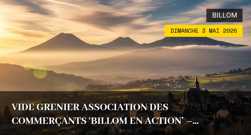 Affiche de l'événement : vide grenier association des commerçants &lsquo;Billom en action&rsquo; – Dimanche 3 Mai 2026