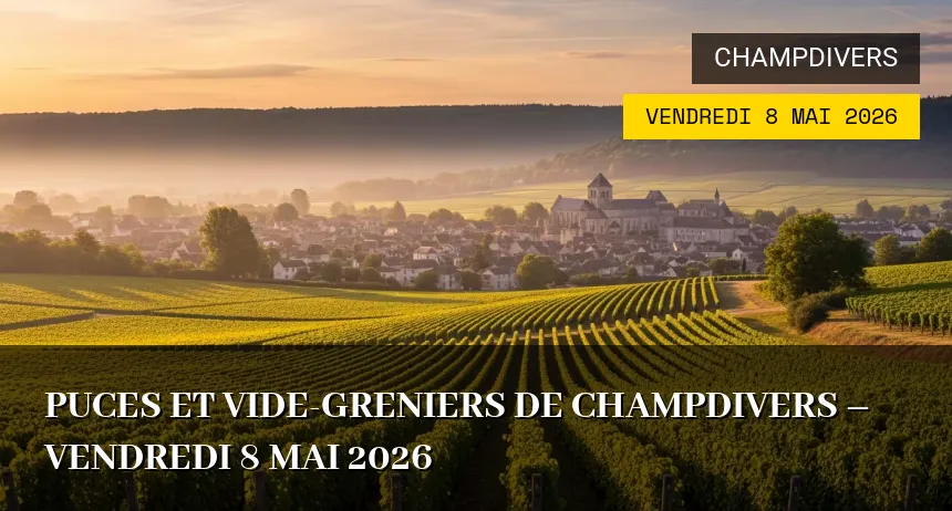 Affiche de l'événement : Puces et Vide-greniers de Champdivers – Vendredi 8 Mai 2026