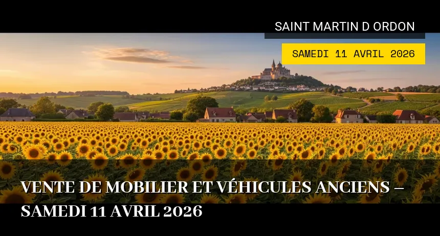 Affiche de l'événement : Vente de Mobilier et Véhicules Anciens – Samedi 11 Avril 2026
