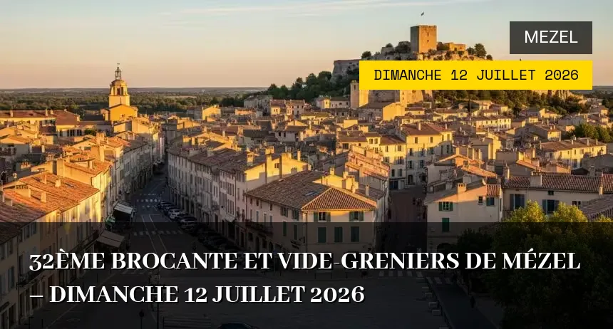 Affiche de l'événement : 32ème Brocante et Vide-greniers de Mézel – Dimanche 12 Juillet 2026