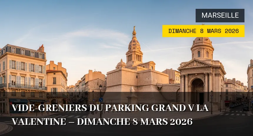 Affiche de l'événement : Vide-greniers du Parking Grand V La Valentine – Dimanche 8 Mars 2026