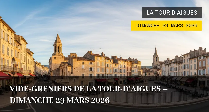 Affiche de l'événement : Vide-greniers de La Tour-d&rsquo;Aigues – Dimanche 29 Mars 2026