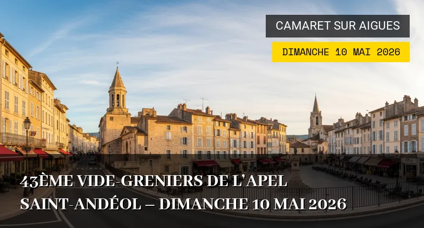 Affiche de l'événement : 43ème Vide-greniers de l&rsquo;APEL Saint-Andéol – Dimanche 10 Mai 2026