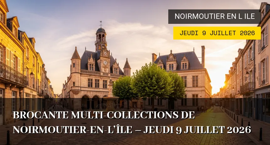 Affiche de l'événement : Brocante Multi-collections de Noirmoutier-en-l&rsquo;Île – Jeudi 9 Juillet 2026