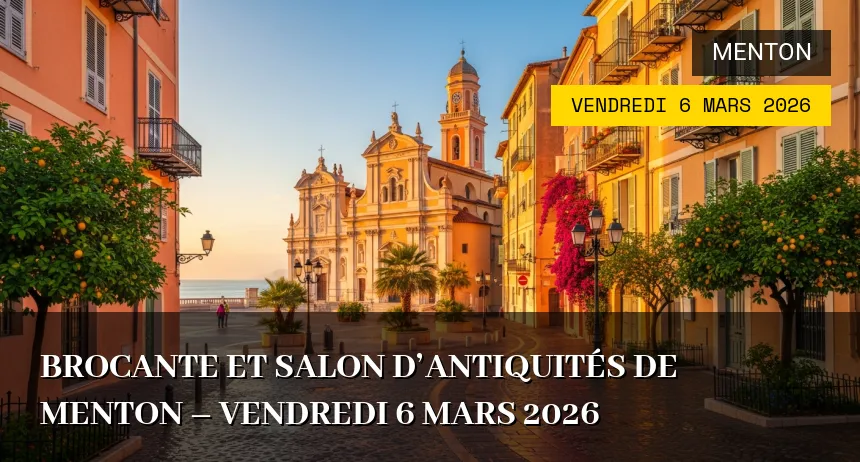 Affiche de l'événement : Brocante et Salon d&rsquo;Antiquités de Menton – Vendredi 6 Mars 2026