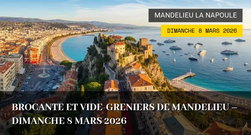Affiche de l'événement : Brocante et Vide-greniers de Mandelieu – Dimanche 8 Mars 2026